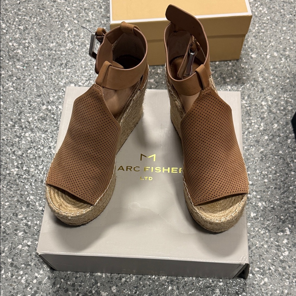 Marc Fisher Brown Perforated Leather Espadrille Wedge Sandals